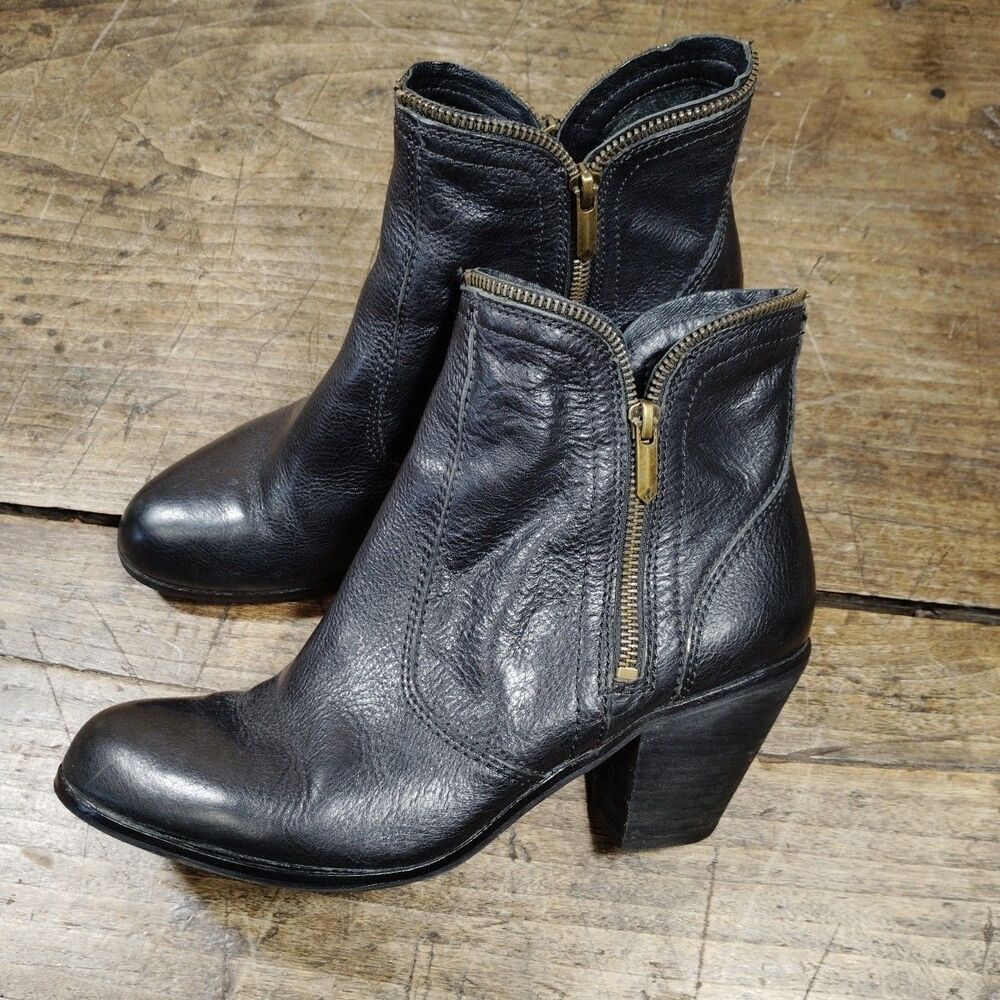 Sam Edelman 10.5 Linden Black Leather Bootie Western Double Zipper Shoes
